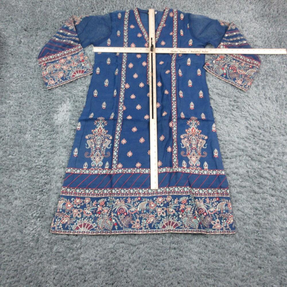MOTIFZ 3 Piece Set Womens L Blue Embroidered Sequin V-Neck Kurta Pants Dupatta - Picture 7 of 16